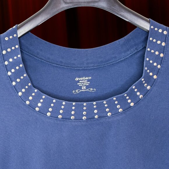 Dressbarn Blue Babydoll Tee with Rhinestone Collar, 2X - Picture 4 of 4